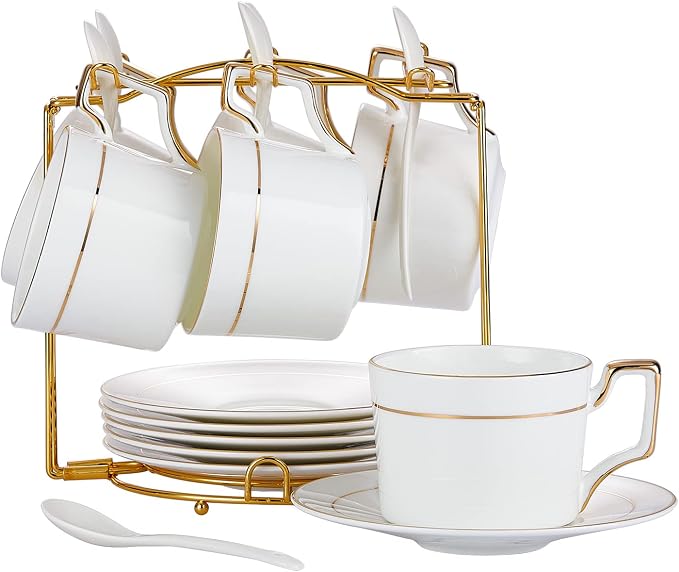 Porcelain Tea Cups and Saucers Set, 6oz Tea Cups with Gold Trim, White Coffee Cups & Mugs Set of 6 with Stand for Cappuccino, Latte, Americano, Tea, Demitasse Cups