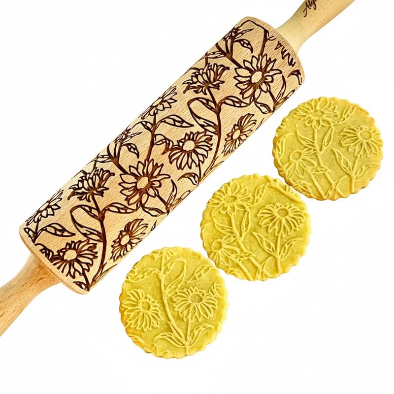 GOLDEN DAISIES Embossing Rolling Pin with Ornamental Bloom Pattern – Dough and Clay Roller for Embossed Cookies and Pottery - Cookie and Ceramic Stamp - Baking Gifts for Women by Algis Crafts