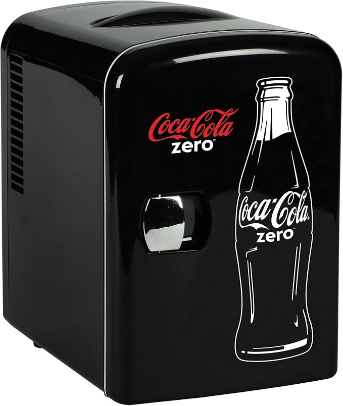 Coke Zero Mini Fridge - 6 Can Refrigerator for Bedroom Office, Portable Table Top Beverage Cooler, 12V 110V Refrigerador For Drinks, Soda, Wine Use In Car, Dorm, Outdoor, Patio