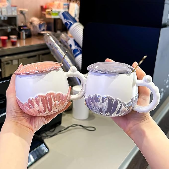Pearl Ceramic Coffee Mug for Tea Latte Milk Cute Love Shape Cup for Home Office Women Gift 6.5 oz (Shell Round Beige, 350 ml)