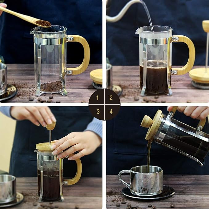 Sivaphe Moka Pot Stainless Steel 4 Cup and French Press Coffee/Tea Maker 12 oz with Bamboo Lid and Hand High Borosilicate Glass 1000ml Coffee Brewer Set