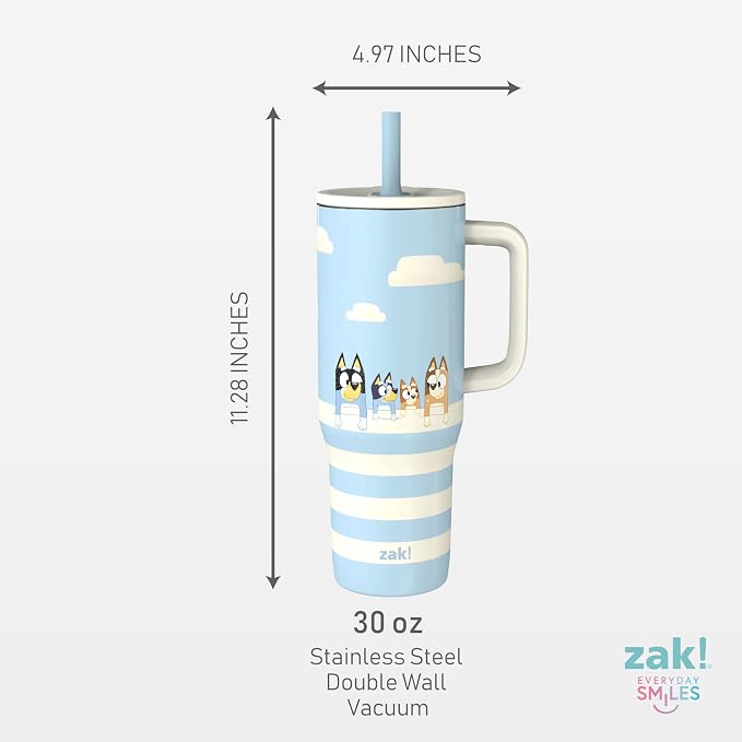 Zak Designs Bluey Sutton Travel Tumbler for On the Go, 30oz Stainless Steel with Vacuum Insulation, Silicone Straw, and Carry Handle for Cold Drinks (Bluey, Bingo, Bandit, Chilli)