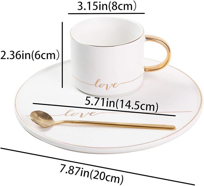 TJ Gobal Porcelain Coffee Mug, Tea Cup with Saucer and Golden Spoon with Gold Scripted Love and Trim for Hot Chocolate, Cappuccino, and Latte, 8 Oz. (White)
