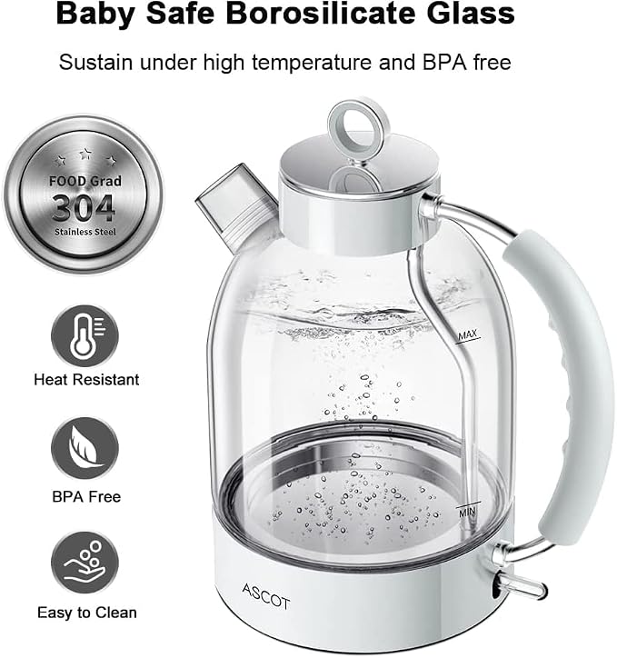 ASCOT Electric Kettle, Glass Electric Tea Kettle Gifts for Men/Women/Family 1.5L 1500W Borosilicate Glass Tea Heater, with Auto Shut-Off and Boil-Dry Protection (Polar White)