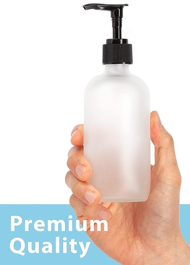 JUVITUS (12 pack) 8 oz / 240 ml Frosted Clear Glass Boston Round Empty Bottle with Black Lotion Pump