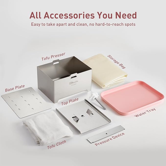 Tofu Press Stainless Steel, Paneer Maker with Tofu Press Cloth and Drip Tray, Improves Tofu Flavor and Texture, for Homemade Tofu, Paneer Press and Cheese Press, Multi-Functional Kitchen Tool（Pink）