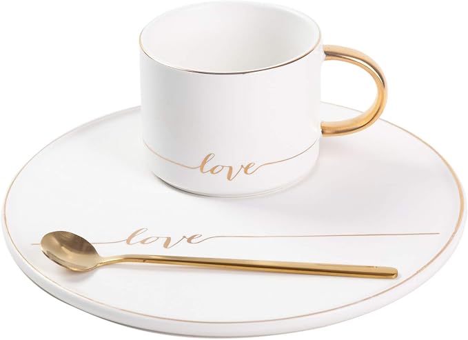 TJ Gobal Porcelain Coffee Mug, Tea Cup with Saucer and Golden Spoon with Gold Scripted Love and Trim for Hot Chocolate, Cappuccino, and Latte, 8 Oz. (White)