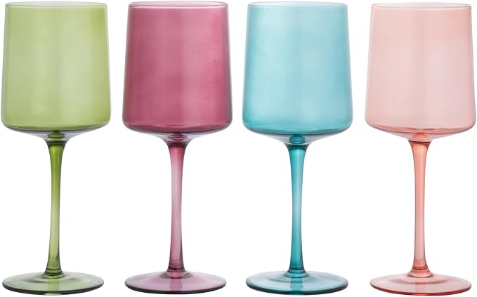 Creative Co-Op Hand Blown Stemmed Wine Glasses, 14 Ounces, 4 Assorted Colors Glassware, Multi