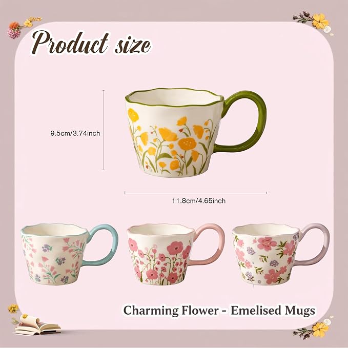 Cute Floral Coffee Mug Set of 4-12oz Ceramic Flower Embossed Cups with Petal Handles, Dishwasher and Microwave Safe