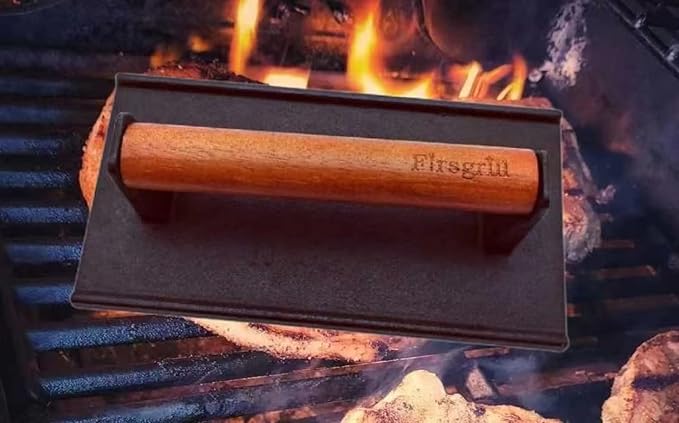 Firsgrill 8.3"×4.3" Heavy-Duty Cast Iron Grill Burger Press and Meat Steak with Wood Handle for Blackstone Camp Chef Pitboss Weber Griddle Grills (Rectangle)