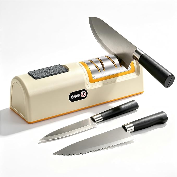 3 Stage Electric Knife Sharpener 2 Speed, Coarse & Fine Slots with Extra Fine Honing Stone on Handle, 20° Precision Angle Guide, Rechargeable Cordless Battery & Plug-in for Chef Knives
