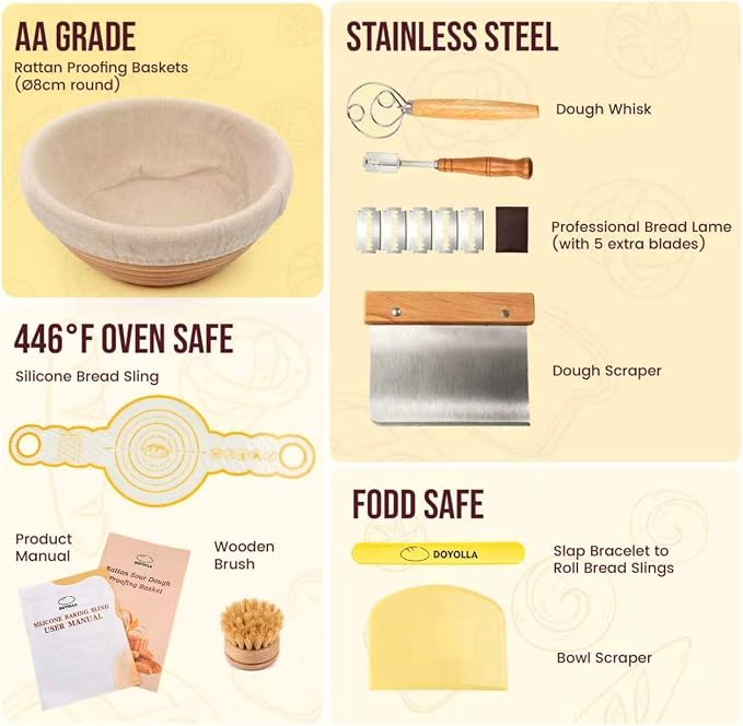 DOYOLLA Bread Proofing Basket Set, Sour Dough Tools with Silicone Bread Sling, Sourdough Starter Kit, Baking Gifts, Bread Making Kit (Round,8.5 inch) | Handmade Rattan
