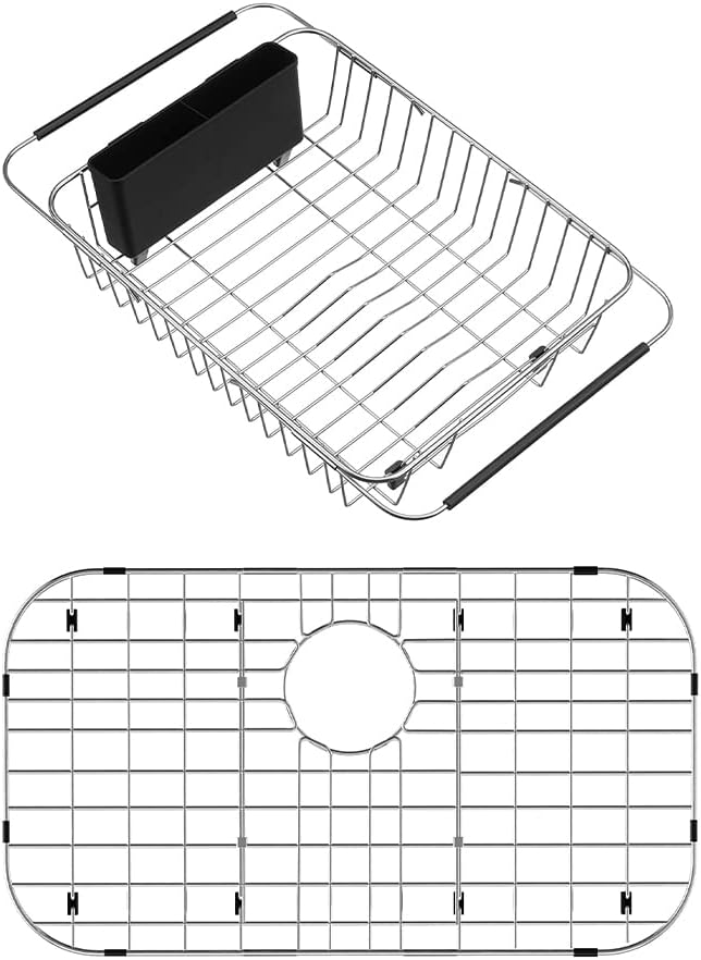 SANNO Expandable Dish Drying Rack Over The Sink Dish Drainer 26" L X 14" W, Kitchen Sink Protector Bottom Grid Over Sink,Stainless Steel