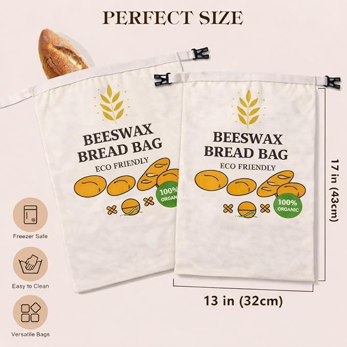 Reusable Beeswax Bread Bag for Sourdough | XL Eco-Friendly, Natural, Food-Safe Storage Bag to Keep Loaves Fresh Longer – Sustainable, Zero Waste | 1 Pack Reusable Beeswax Wrap for FREE