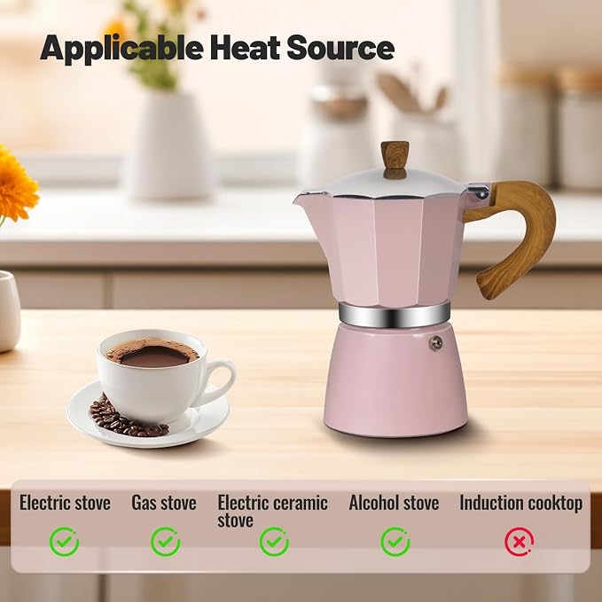 9 Cup Aluminum Moka Pot Classic Stovetop Espresso Coffee Maker 450ml 15oz Coffeemaker Percolator Mocha Pot Greca Coffee Maker Cafe Makers for Italian and Cuban Café Brewing Pink
