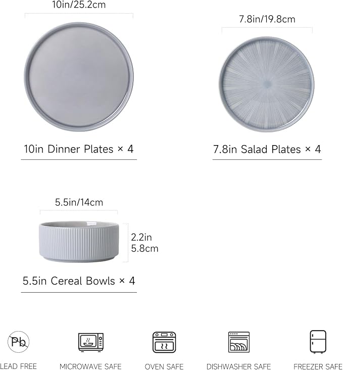 Dinnerware Sets, Ceramic Plates and Bowls Set 12 Piece Dinnerware for 4 Chip Resistant Stoneware with Advanced Inkjet Printing Technology, Dishwasher and Microwave Safe-Smoky Blue