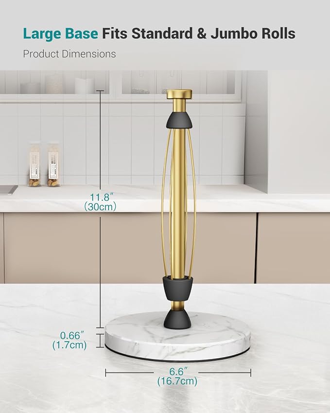 Paper Towel Holder Countertop, Marble Weighted Base, Warm Gold, One-Handed Tear, Freestanding Paper Towel Stand Rack with Ratchet Mechanism for Kitchen Bathroom Essential Decor Accessories