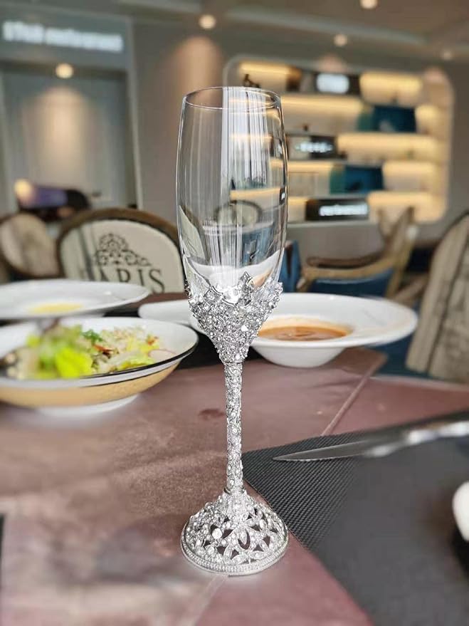 Champagne Flutes - Crystal Glass Metal Base With Crystal Stones, Set of 2 Toasting Flute Pair, Wedding Anniversary Party Birthday Banquets and Gifts for Bride and Groom(Silver)