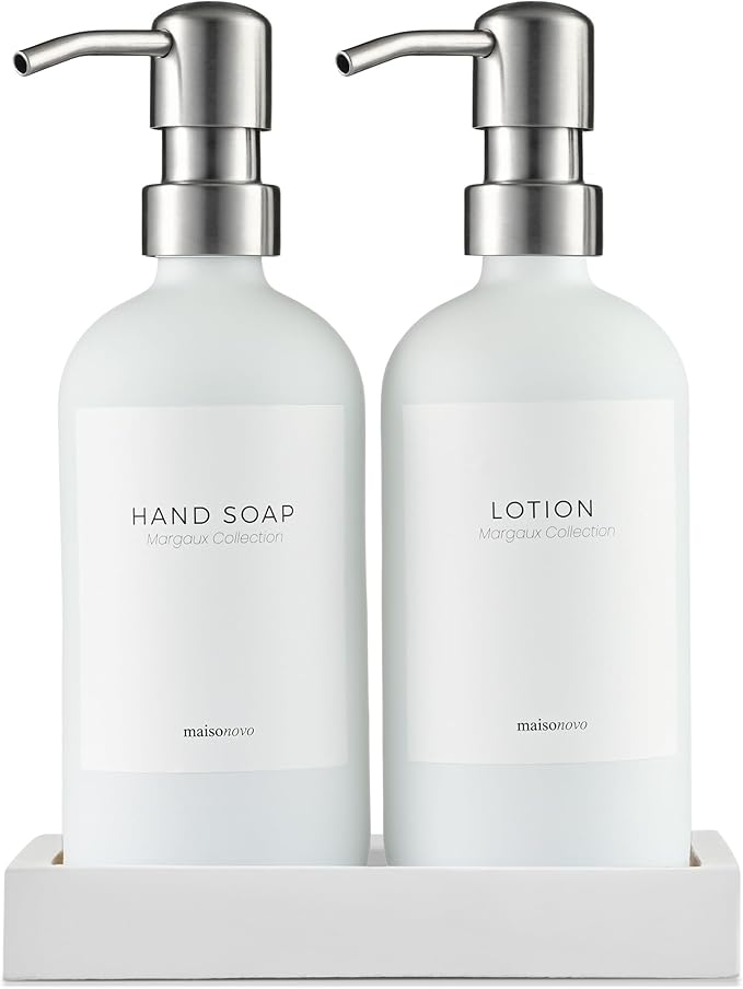MaisoNovo Soap and Lotion Dispenser Set - Bathroom Soap Dispenser Set with White Soap Dispenser, Silver Pumps & Concrete Tray