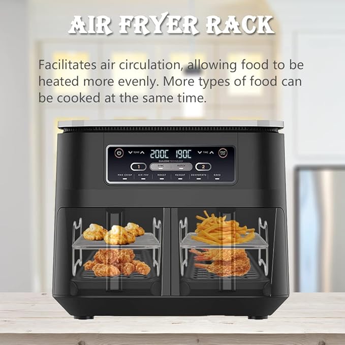2pcs 8Qt Air Fryer Rack Set with 100pcs Parchment Paper Compatible with Ninja Foodi Air Fryer DZ201, DZ401, 304 Stainless Steel Toast Dehydrator Racks Paper Liners for Double Basket