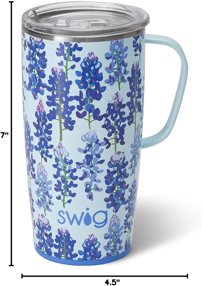 Swig Life 22oz Travel Mug, Insulated Tumbler with Handle and Lid, Cup Holder Friendly, Dishwasher Safe, Stainless Steel, Travel Coffee Cup, Insulated Mug with Lid (Bluebonnet)