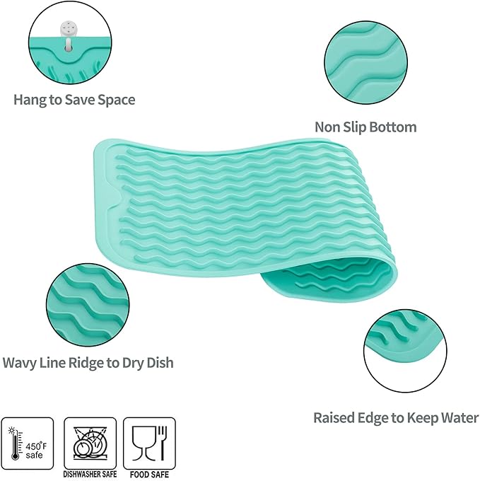 MicoYang Silicone Dish Drying Mat for Multiple Usage,Easy clean,Eco-friendly,Heat-resistant Silicone Mat for Kitchen Counter,Sink,Bar,Bottle,or Cup Mint M 17 inches x 6 inches