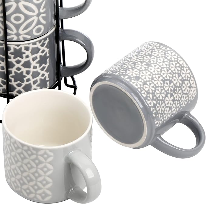 Hiceeden Set of 4 Coffee Mugs with Metal Stand, 15 oz Stackable Espresso Cups Ceramic Coffee Mugs for Cocoa, Latte, Americano, Cappuccinos or Beverages