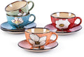 8 Oz Floral Porcelain Cappuccino Cups with Saucers Set of 4, Stoneware Tea Coffee Mugs for Home Kitchen & Office, Dishwasher Microwave Oven Safe, for Espresso, Latte, Americano, Milk & Tea, Mix