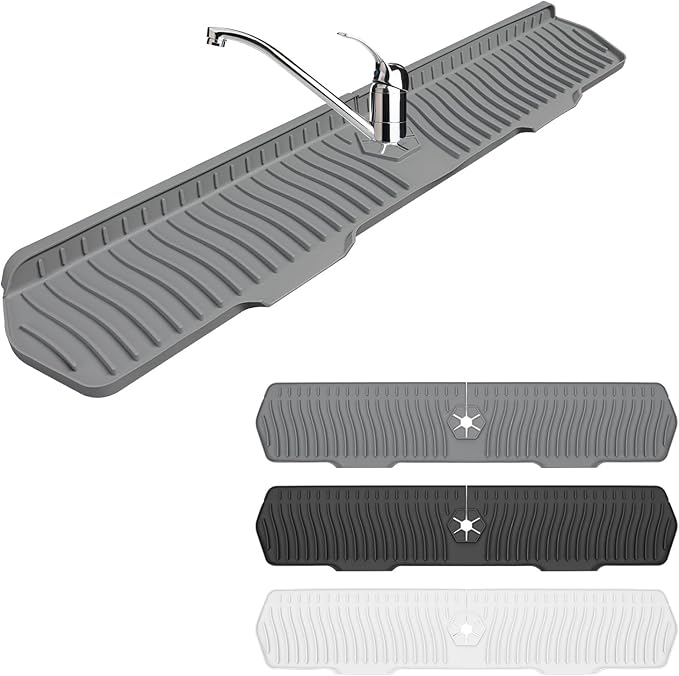 Sink Drain Mat Behind Faucet,Faucet Guard Draining Mat, 90° Foldable Tap Draining Mat for Kitchen Sink with 2 Water Ports, Faucet Drain Mats for Kitchen, Bathroom, etc (Gray, 29.5"*6.1")