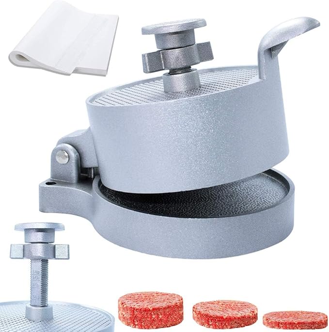 laffeya Burger Press, Hamburger Maker with 50 Non Stick Patty Papers, Adjustable Burger Press Makes 4 1/2" Patties, 1/4Lb to 3/4Lb (Burger Press with Paper)