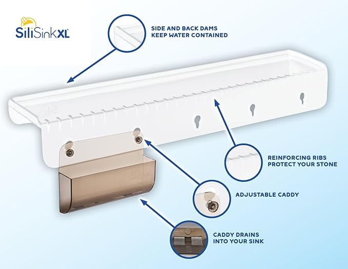 SiliProducts SiliSink XL Silicone Edge Guard for Kitchen Sink - Fits 3.75” - 4” Wide - The Original Silicone Sink Edge Protector with Sponge Caddy - Splash Guard, 20” Clear Diamond