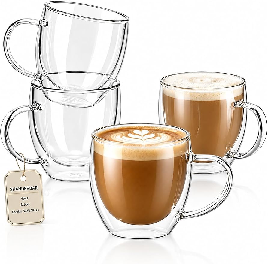 Set of 4 Double Walled Glass Coffee Mugs with Handles, 8.5oz Clear Coffee Mugs for Hot/Cold Beverages, Insulated Borosilicate Glass Cups for Cappuccino, Espresso, Latte, Tea, Milk, Microwave Safe