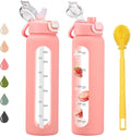 chunmo 32 oz Glass Water Bottles with 2 Lids-Handle Spout Lid & Straw Lid, 1 Liter Motivational Borosilicate Water Bottle with Time Marker and Silicone Sleeve,Leakproof-Pink-1 Pack
