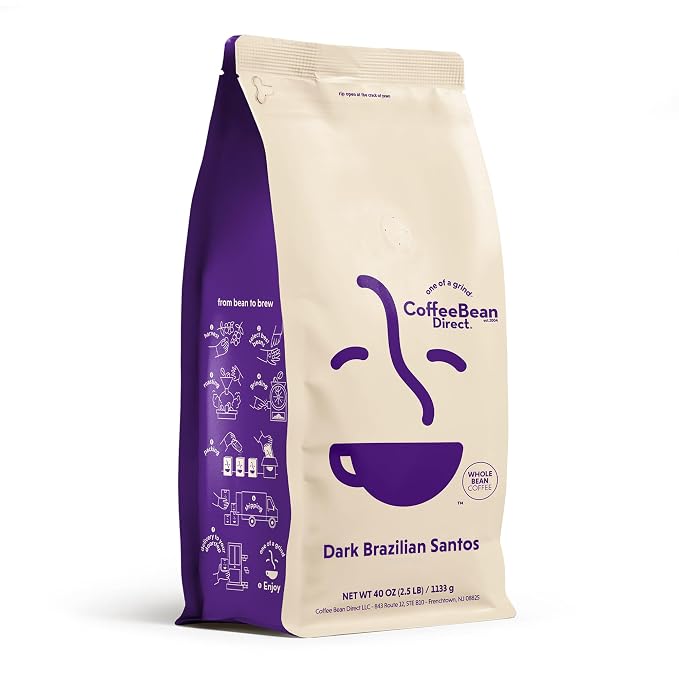 Coffee Bean Direct Dark Brazilian Santos, Whole Bean Coffee, Arabica Coffee, Dark Roast, 2.5 Pound Bag (Pack of 1)