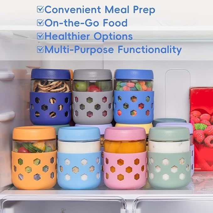 6-Pack Mason Jars with Silicone Sleeves, Airtight Food-Safe Containers with Lids, Leak-Proof Meal Prep Jars for Oats, Yogurt, Snacks