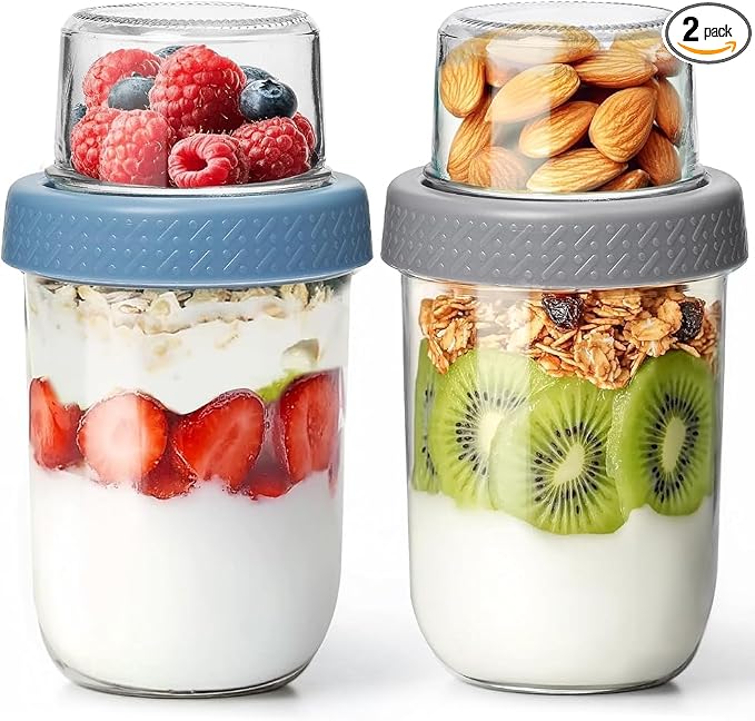 2 Pack Glass Yogurt Parfait Cups with Lids, 16+4oz Reusable Containers with Dry & Wet Separation, Leak-Proof for Overnight Oats, Meal Prep, Portable to Work & School, Easy Clean (Blue+Grey)