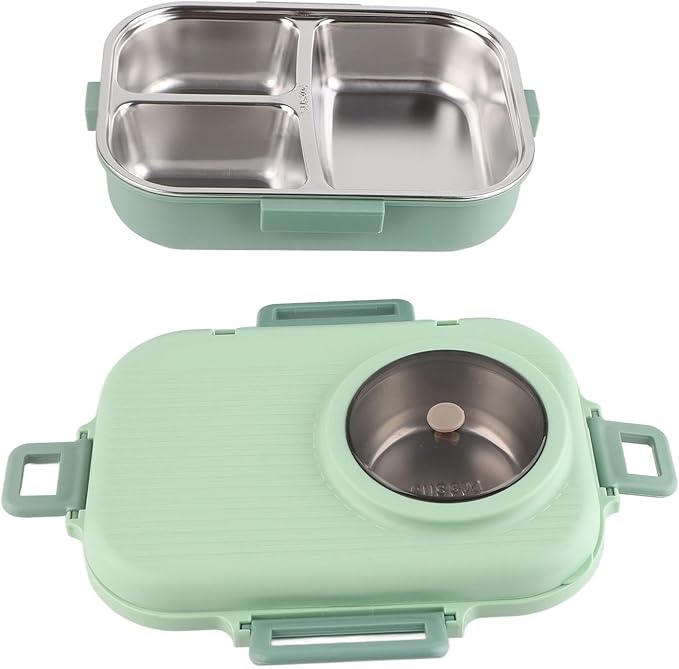 Thermal Lu Box For Hot Food Thermal Tazon,Lu Box Lu Box Thermal Lu Box 1100Ml Double Layer 3 Grid Design 304 Stainl Steel Box With Chopsticks Spoon Soup Bowl G (Green)