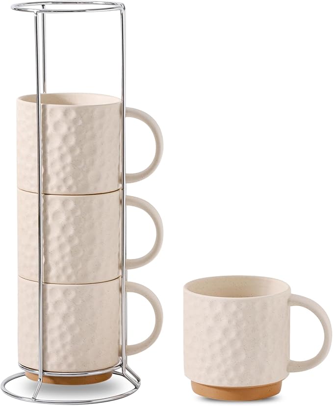 Nihow 16 OZ Ceramic Coffee Mug with Stackable Stand,Set of 4,White | Stackable, Stainless Stand Included, Cappuccino & Tea, Hot/Cold Drinks, Dishwasher & Microwave Safe