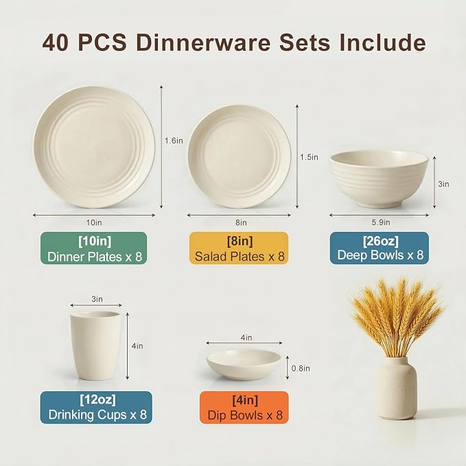 Dishes Set for 8, Wheat Straw Dinnerware Sets 40 Piece, Unbreakable Bowls and Plates Set, Plastic Plates Reusable, Microwavable Dishware Sets for Apartment, RV, Picnic - Beige