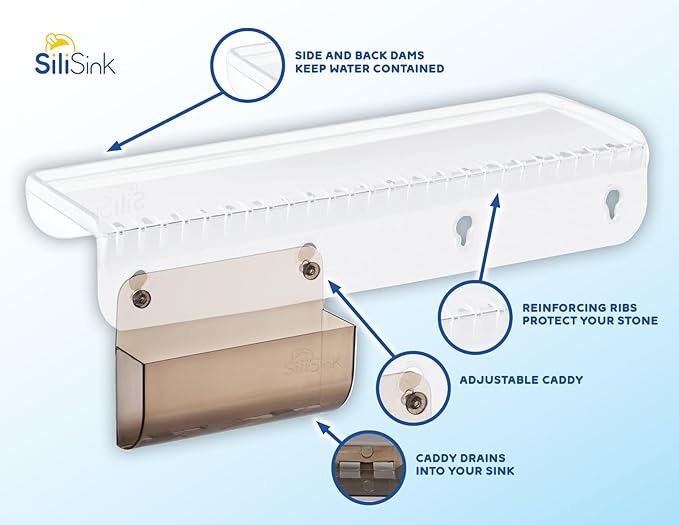 SiliProducts SiliSink Silicone Edge Guard for Kitchen Sink - Fits 3.75” - 4” Wide - The Original Silicone Sink Edge Protector with Sponge Caddy - Splash Guard, 14” Clear Diamond