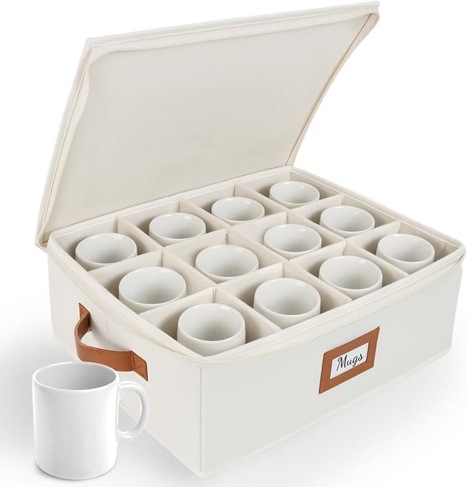 HOMELUX THEORY Coffee Mug Storage with Dividers, Ivory Hard Shell China Storage Containers, Kitchen Storage Bins With Lids, Heavy Duty Moving Box for Packing Glassware, Stemware & Glassware