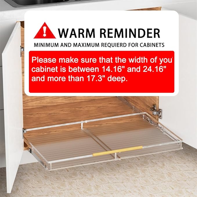 SANNO Slide Out Cabinet Drawer, Expandable Pull Out Cabinet Organizer,Bottom-Mounted Shelf for Kitchen Cabinet or Under Sink,Stainless Steel,Expandable Width 14.16" to 24.16"