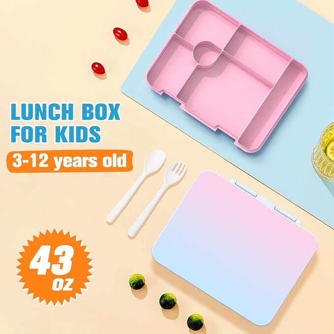 DIGOBAY Girls Backpack - Kids Bento Box Set with Insulated Lunch Bag, Cutlery and Pencil Case, 6 Leak-Proof Compartments, Removable Tray for Girls, Teens School Picnic (Pink-Blue)