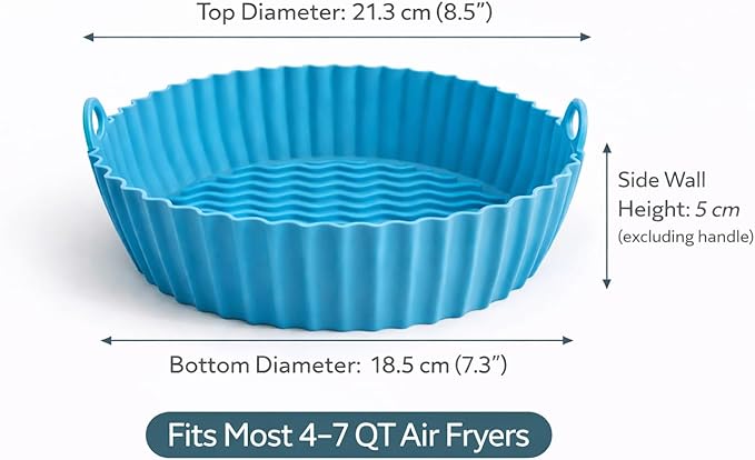 Silicone Air Fryer Liners by Lavang Creations – 4-Piece Reusable Air Fryer Accessory Set with 2 Liners (Round & Square), Tong & Brush, Fits Most 4–7 QT Air Fryers (Blue & Gray)
