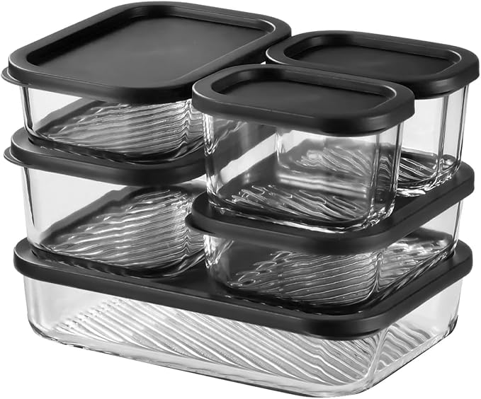 EATEX Grooved Base Glass Meal Prep Containers, 6 Pack Glass Food Storage Containers with Lids for Meal Prep & Lunch, Microwave Oven Freezer Dishwasher Safe, Anti Moisture Non-Stick Design - Black