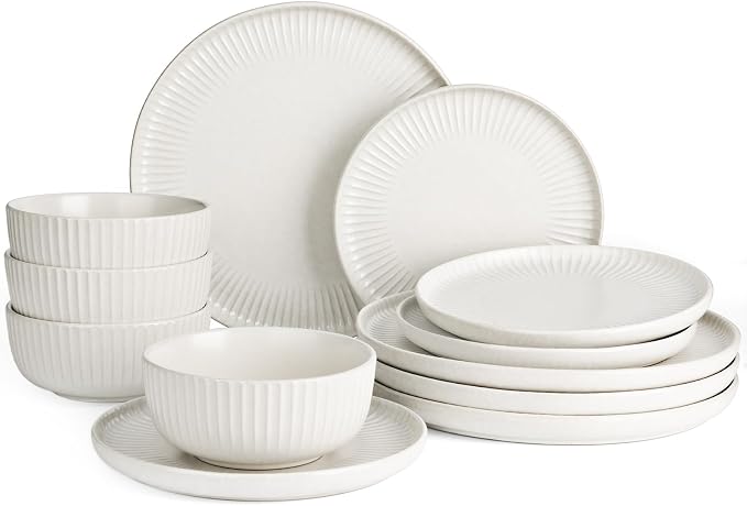 Famiware Starlight 12-Piece Plates and Bowls Sets for 4, Stoneware Dinnerware with Ribbed Textured, Handcrafted Reactive Glaze Dishes - Dishwasher & Microwave Safe, Chip/Scratch Resistant, Matte White