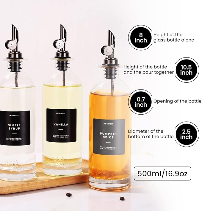 Molimoli Oil and Vinegar Dispenser with Metal Pour Spout, Weighted Pourer, Glass Bottle Dispenser for Kitchen | Weighted Stainless Steel Pourers, Pack of 4 (Pourers), 500ml Oil Bottles Black