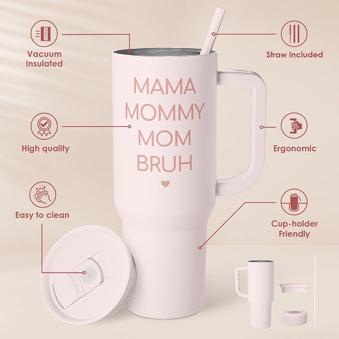 SANDJEST Gift for Mom - Mama Mommy Mom Bruh Stainless Steel Tumbler with Handle, Travel Coffee Mug for Moms - Gifts for Birthday Christmas Mothers Day, 40oz