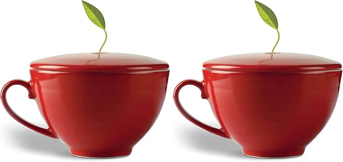 Tea Forte Cafe Cup Ruby Red Porcelain Tea Cup and Lid, Steeps 8 oz., Microwave and Dishwasher Safe (Pack of 2)