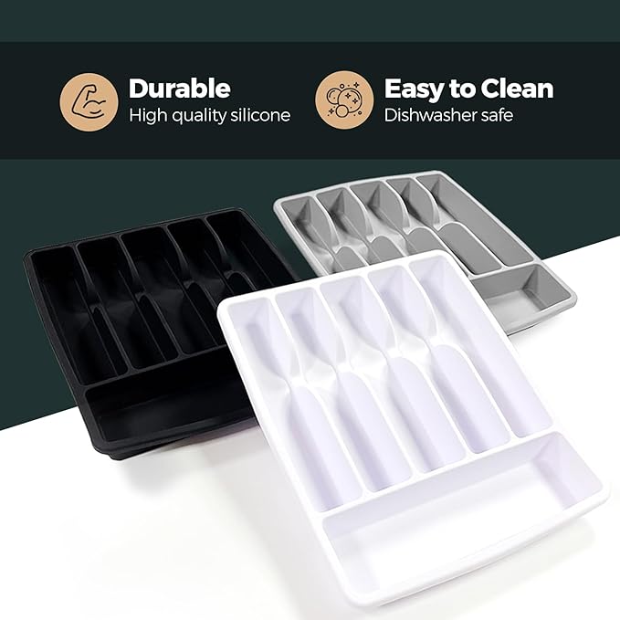 Pantrymade Silicone Silverware Drawer Organizer – Non-Slip Utensil Holder for Kitchen Drawers | Cutlery Tray for Forks, Knives, Spoons & More | Durable, BPA-Free, Easy to Clean – White